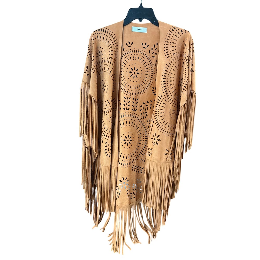 Choies Tan Faux Suede Laser Cut Fringe Kimono Wrap Bohemian Shawl Tan OS
